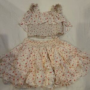 ForverTwo-Piece Floral Ruffle Crop Top & Skirt Set - Cream with Red Flower Print